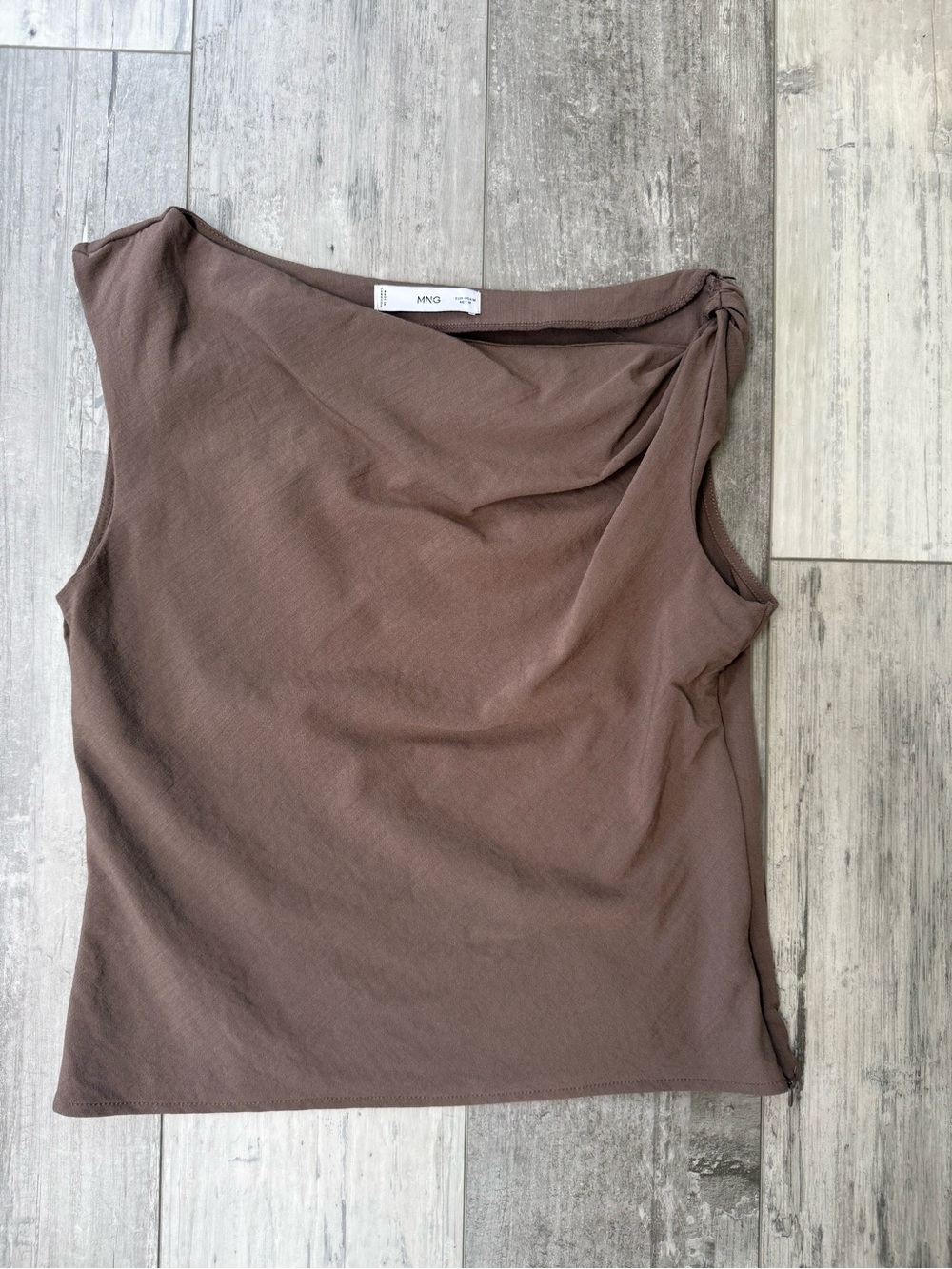 Mango Asymmetrical Draped Top Medium Brown Cowl Neck Sleeveless Side Zip